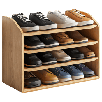 Compact modern shoe rack with various shoes displayed, perfect for organization. clip art on a transparency background png