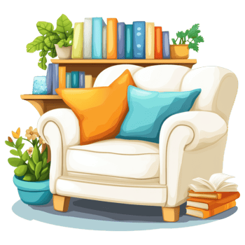 Cozy reading nook with comfortable chair, colorful pillows, and books clip art on a transparency background png