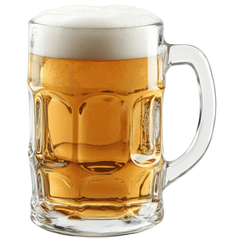 Frosty beer mug filled with golden beer and creamy foam on top png