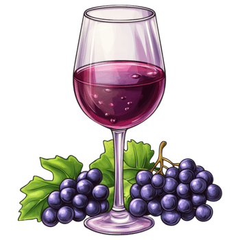 Grape juice in wine glass with fresh grapes and green leaves clip art on a transparency background png