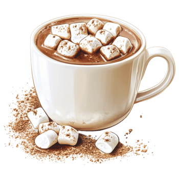 Hot chocolate with marshmallows in white cup, cozy and inviting. clip art on a transparency background png
