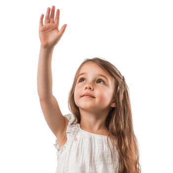 Young girl with long hair raising hand against a plain Transparent background showing eagerness to participate, Young Girl Raising Hand on background png