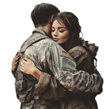 Emotional reunion of a woman and soldier embracing against a Transparent background, Woman Hugging Soldier background png