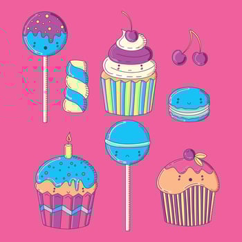 Set of sweet candy icons in doodle style. Brilliant colors vector
