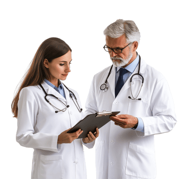 Two doctors reviewing patient information on a clipboard in a clinical setting, Portrait Two Doctors Looking at Clipboard, Transparent background png