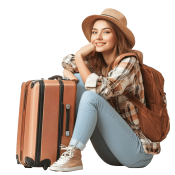 Woman with luggage sitting comfortably against a Transparent background ready for her next adventure, Woman with luggage isolated on background png