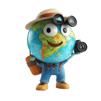 Globetrotting Earth character with camera exploring diverse landscapes and cultures, Globetrotting Earth Character with Camera Travel Concept on white background png