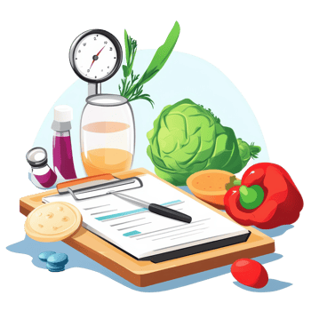 Health report display featuring healthy food items and nutrition tools on a clean cartoon background, Healthy report with cartoon style white background png