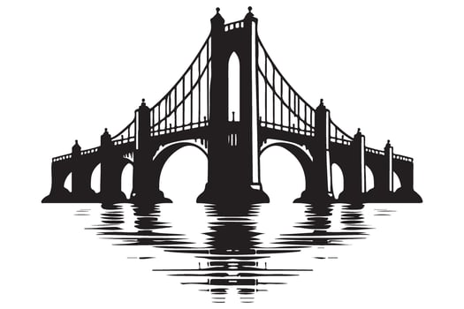 Grand Arched Bridge Silhouette Illustration with Reflection vector