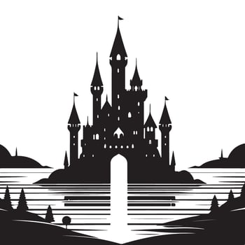 Majestic Castle on the Lake Silhouette an Enchanting Art vector