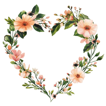 Heart shaped floral wreath design with pastel blooms on a white background for decoration and gifts, floral wreath in a heart shaped frame, white background png