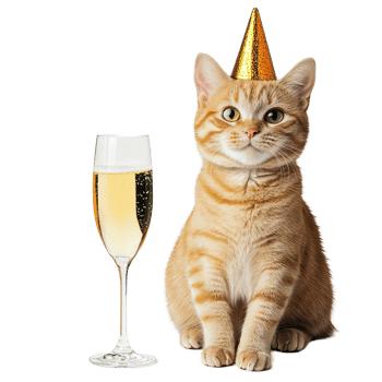 Funny cat in a party hat beside a champagne glass on a white background, Funny Cat with Champagne Glass On white background Celebration Concept, white background png