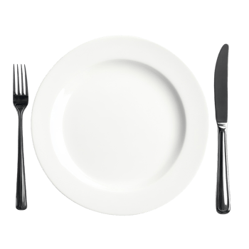 Dinner setting with fork and knife beside a white plate on a clean backdrop, top view dinner fork, knife, white plate on isolated on Transparent background png