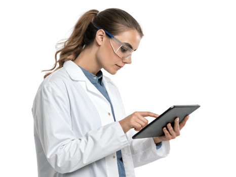 focused scientist in lab coat uses tablet to explore food technology innovations, showcasing blend of science and technology png