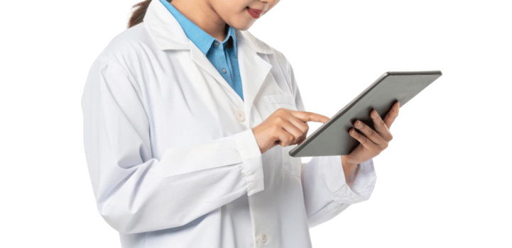 healthcare professional using tablet to access information, showcasing integration of food and technology in modern medicine png