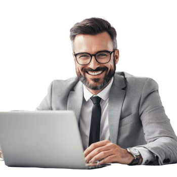Cheerful businessman working on laptop in bright office during daytime, Happy cheerful businessman working on a laptop in office. png