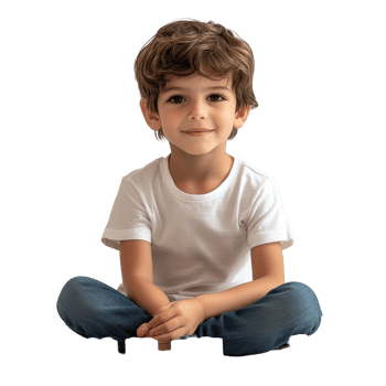Portrait of a handsome little boy sitting cross legged by colorful toys indoors, Portrait handsome little kid boy sitting near toy blocks, Transparent background png