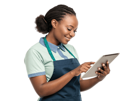 smiling woman using tablet, food, technology, apron, casual, modern, digital, service png