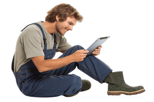 young man in overalls using tablet, showcasing blend of food and technology in modern work environments png