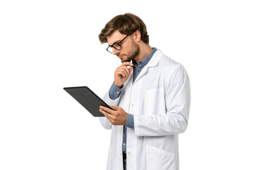 thoughtful professional in lab coat examines tablet, blending food and technology in modern healthcare setting png