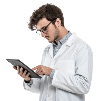 Young male scientist using tablet in lab coat, focused on technology and food research png