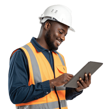 Construction worker using technology, food safety, smiling, professional, safety gear, tablet, modern png
