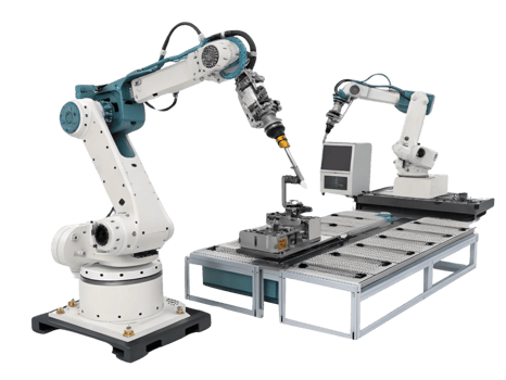 Automated robotic arms working precision tasks manufacturing environment, showcasing advanced technology and efficiency png