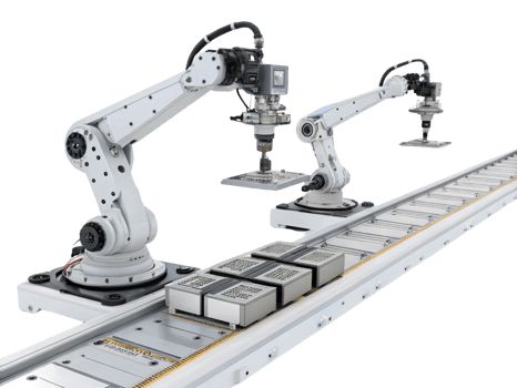 Automated robotic arms working on conveyor system, showcasing advanced food technology and precision in handling items png