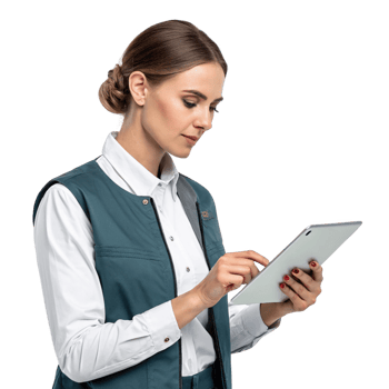 professional woman using tablet, showcasing intersection of food and technology in modern setting png
