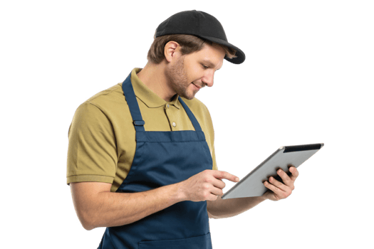 young man in uniform uses tablet, showcasing integration of food and technology in modern setting png