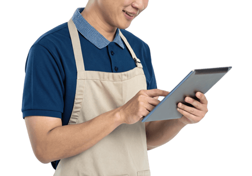 Smiling worker using tablet in cafe, showcasing food, technology, and customer service png