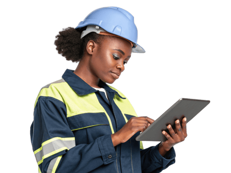 The construction worker using tablet, showcasing integration of food and technology in modern work environments png