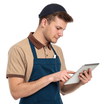 Young man using tablet in restaurant setting, showcasing food, technology, and modern service png