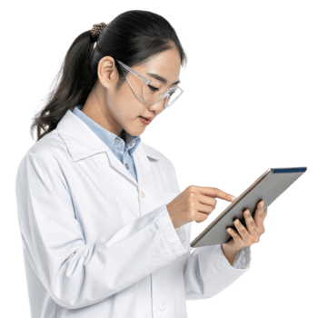 young female scientist in lab coat uses tablet, showcasing intersection of food and technology in research png