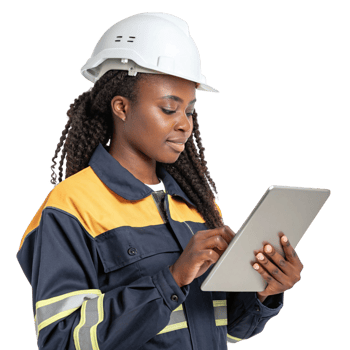 woman in hard hat using tablet, showcasing food, technology in construction setting png