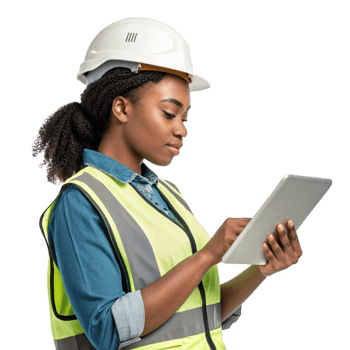 construction worker using tablet, showcasing integration of food and technology in modern work environment png