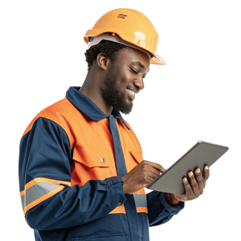 smiling worker in orange and blue uniform using tablet, showcasing food, technology in modern setting png
