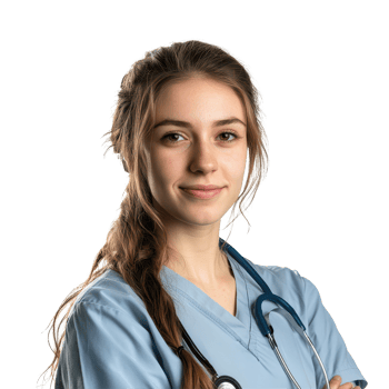 Healthcare worker in scrubs with stethoscope against a plain background, ready to assist patients, Young female healthcare worker Transparent background png