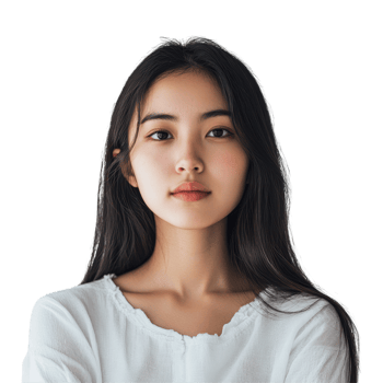 Portrait of a young Asian woman with long hair expressing confidence against a Transparent background, Young Asian Woman Portrait on background png