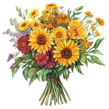 Bright and vibrant bouquet of sunflowers, marigolds, and chrysanthemums in a lush arrangement, Bouquet with Sunflowers, Marigolds, and Chrysanthemums on white background png