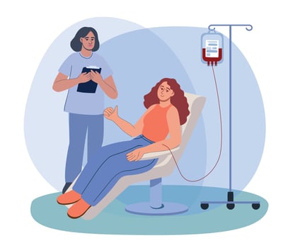 Mutual support blood donation - conceptual illustration of nurse and woman donating blood vector