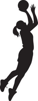 Silhouette of a female basketball player in mid air jump shot. vector