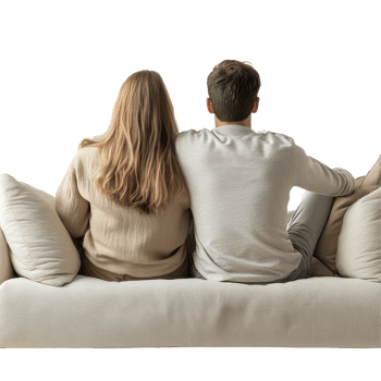 Couple relaxing together on a cozy couch while enjoying a moment of connection against a Transparent background, Couple sitting on couch, back view,isolated on white png
