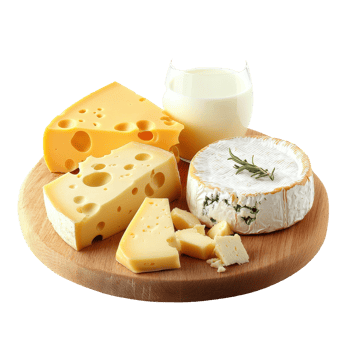 Assorted dairy products including cheeses and milk presented on a wooden cutting board, Dairy Products Cheeses and Milk on the Cutting Board isolated on Transparent background png