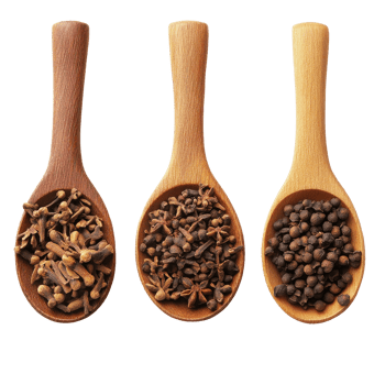 Cloves spices in wooden spoons on Transparent background showcasing their texture and color, cloves spices in spoonisolated on background png