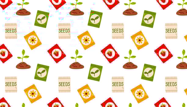 A seamless pattern featuring seed packets, sprouts, and soil, arranged in an organized botanical theme. Great for gardening labels, packaging, and eco-friendly branding. vector