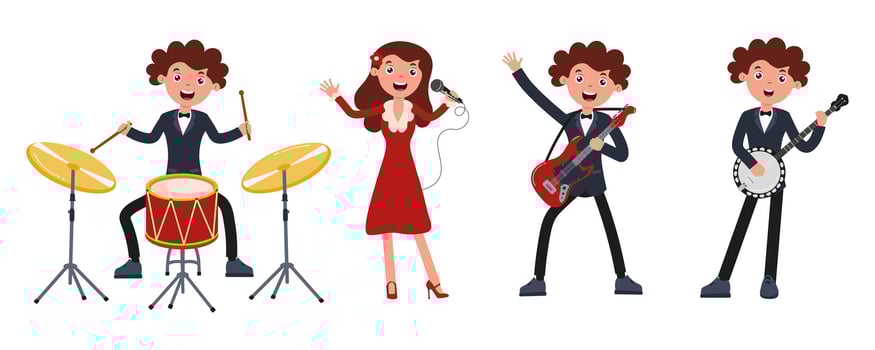 Musicians performing lively on stage at a festive event with vibrant instruments vector