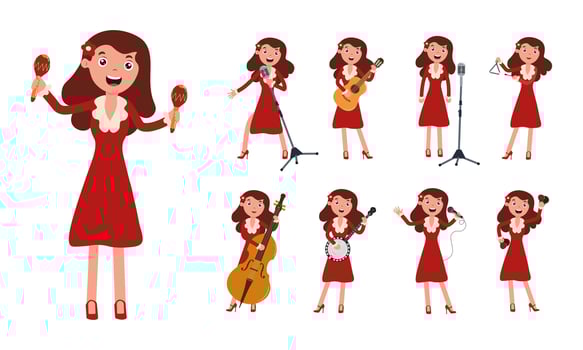 Woman in red dress performing various musical activities with instruments and microphones vector