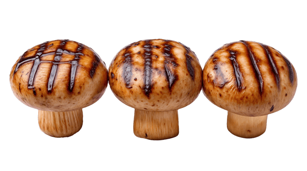 Three grilled mushrooms are arranged in a row on a transparent background png
