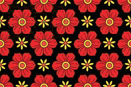 Vibrant red black seamless floral pattern with retro and playful design. Contrasting hues, groovy aesthetic hippie culture 60s and 70s for fashion, interior design branding, textiles or wrapping paper vector